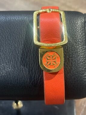 Rustic Cuff Orange Leather Bracelet with Gold Emblem Buckle